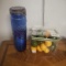 Kitchen Décor Lot- Embossed Blue Glass Canister, Faux Citrus