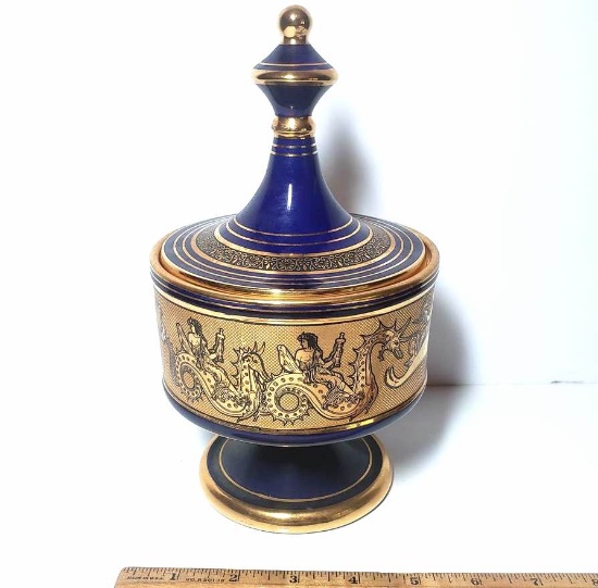 Vintage Blue Lidded Grecian Pottery with 24k Gold Accents