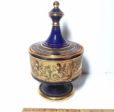 Vintage Blue Lidded Grecian Pottery with 24k Gold Accents
