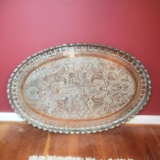 Vintage Extra Large Ornate Oval Etched Brass Tray Table Top