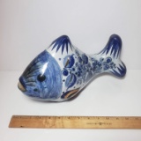 Vintage Signed Tonala Mexican Pottery Blue White Fish