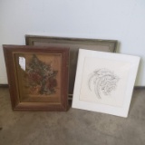 Vintage Art Lot, Dried Flowers, Frame