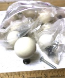 Large Lot of Ivory Porcelain Ball Drawer Pulls/Knobs with Antique Brass Finish Stems