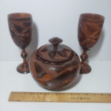 Vintage Carved Wood Goblets and Round Lidded Bowl