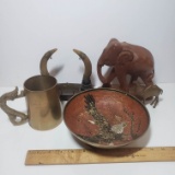 Lot of Brass and Wood Décor, Elephant, Camel, Stein, Bowl