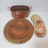 Vintage Décor Lot, Etched Wood Plates, Copper Planter, Coasters