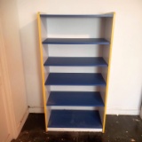 Vintage White Book Shelf with Blue Shelves and Yellow Accents