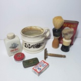 Vintage Barbershop Shaving Mug, Brushes, and Razor with Tins