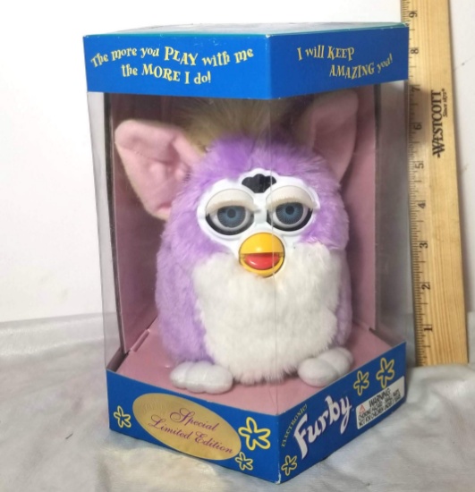 NEW Old Stock Purple and White Furby with Yellow Hair in Box