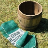 Antique Wooden Barrel with Feed Sack