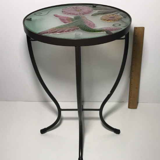 Metal Side Table with Hummingbird Glass Top