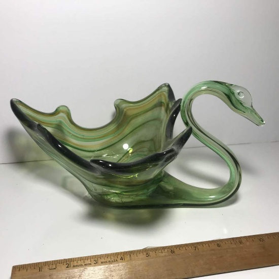 Vintage Art Glass Swan Bowl with Artificial Arrangement