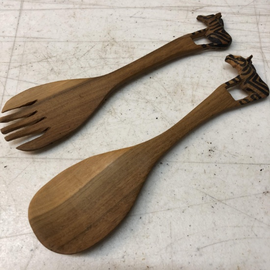 Hand Carved Zebra Spoon and Fork Set Made in Kenya