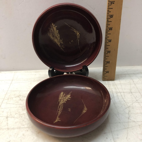 Two Oriental Aizu Wood Lacquerware Bowls
