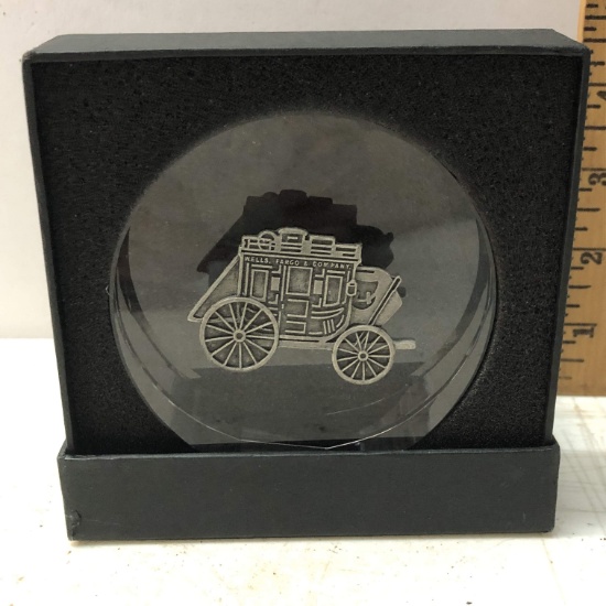 Wells Fargo Pewter Stagecoach and Glass Paper Weight with Original Box