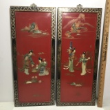 Pair of Oriental Carved Mother-of-Pearl Geisha Girls Wooden Wall Hangings