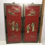 Pair of Oriental Carved Mother-of-Pearl Geisha Girls Wooden Wall Hangings