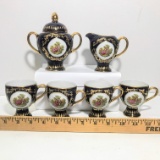 6 pc Vintage Porcelain Navy Tea Set with Victorian Couple & Gilt Accent