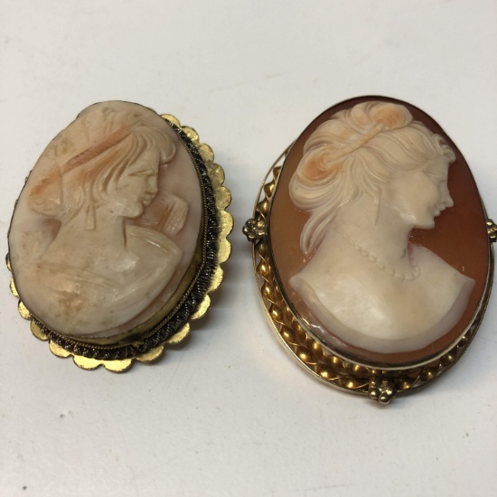 Vintage Pair of Gold Tone Cameo Pins