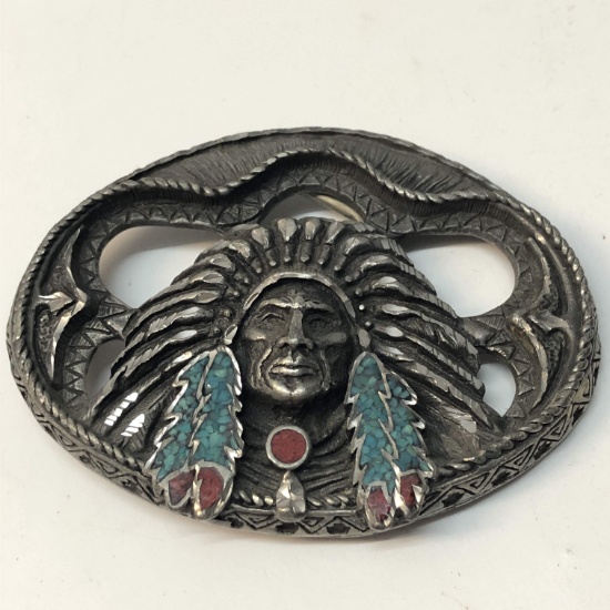 Silver Toned Belt Buckle with Indian & Turquoise Colored Inlay