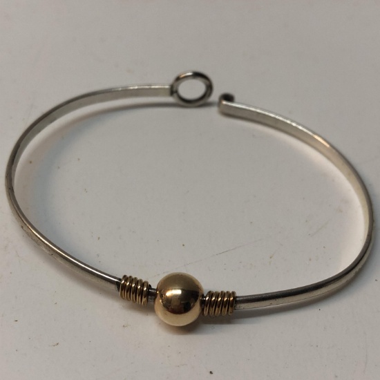 Sterling Silver Bangle Bracelet with Gold Tone Bead