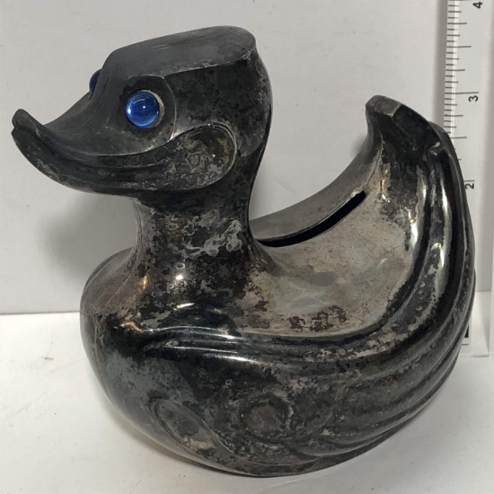 Pair of Vintage Silver-plated Coin Bank Ducks with Blue Gem Eyes - Made in England