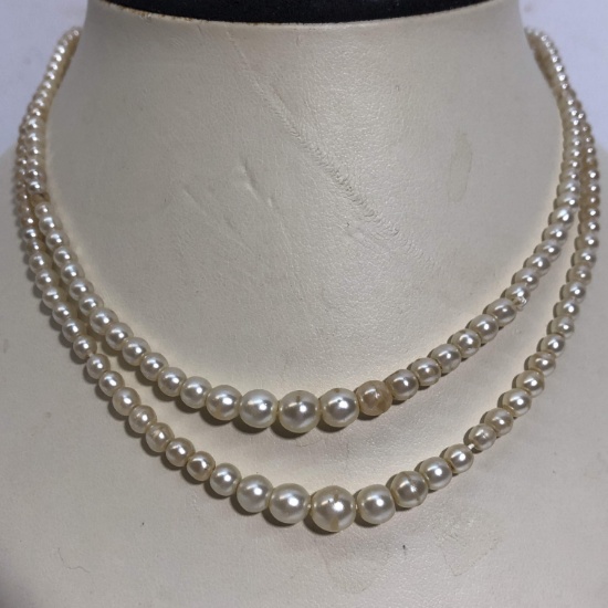 Vintage Real Pearl Double Strand Necklace with 835 Silver Clasps