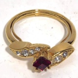 Gold Tone Ring with Red & Clear Stones Size 9