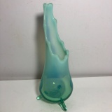 Opalescent Green Glass Footed Pulled Vase
