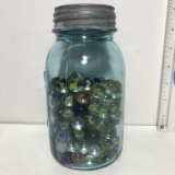 Vintage Blue Ball Mason Jar Full of Marbles
