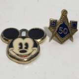 Gold Tone Mickey Mouse Charm and Masonic Screw-back Pin