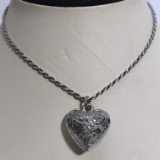 Sterling Silver Etched Puffed Heart Pendant on Sterling Silver Chain
