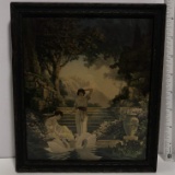 Atkinson Fox 30s-40s Framed Litho Print “Swan Pond Maidens and Mountains in the Garden of Dreams”