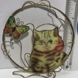 Round Wire Mother of Pearl Cat Picture with Butterfly