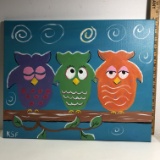 Old Painting of Owls Signed KSF