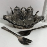 Silver Plated Teapot Salt and Pepper Set and 2 Mint Servers with Forks