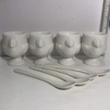 Four White Chicken Egg Cups with Matching Spoons