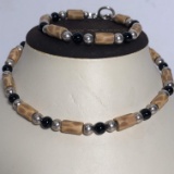 Sterling Silver Onyx Cement Necklace with Matching Bracelet
