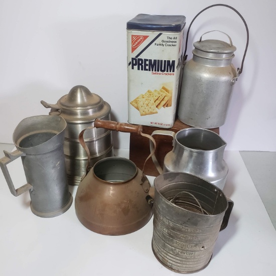 Vintage Kitchen Lot, Sifter, Saltines Tin, Wood Recipe Box, and More
