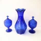 Vintage Blue Glass Lidded Containers and Vase