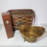 Vintage Fireplace Set, Basket, Matchbox, Brass Planter