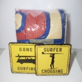 Surfer Theme Quilt Style Comforter and 2 Surfer Signs