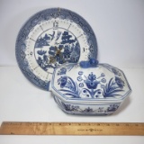 Vintage Blue Willow Ceramic Clock and Blue and White Tureen