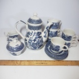 Vintage Blue Willow Tea Set, Teapot, Sugar, Creamer, 6 Cups and Saucers