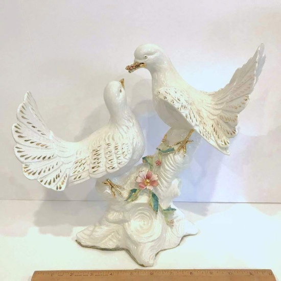 Beautiful Porcelain Doves on Branch Statue with Gilt Accent & Floral Design