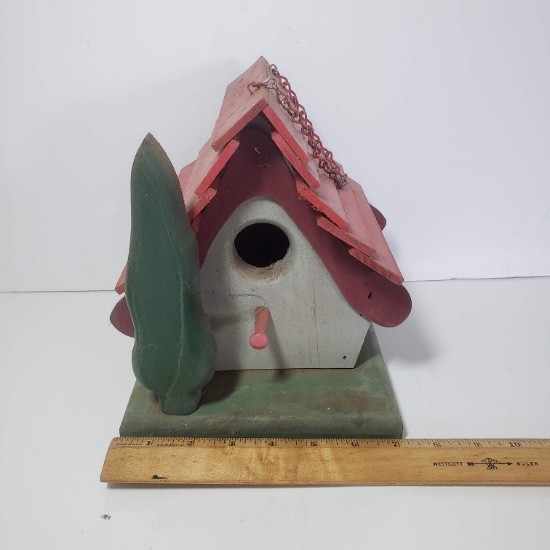 Wood Hanging Bird House with Red Roof