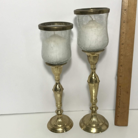 Pair of Brass Pedestal Graduated Candle Holders with Crackle Glass Tops