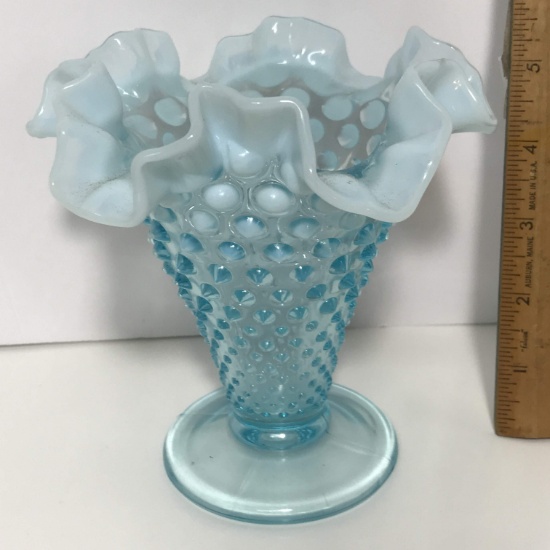 Vintage Blue Hobnail Fenton Ruffled Edge Vase