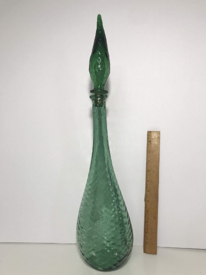 Vintage 22” Tall Green Glass Diamond Pattern Decanter with Stopper & Triangular Shaped Base