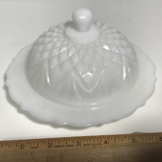 Vintage Pressed Milk Glass Butter/Cheese Dish with Diamond Pattern